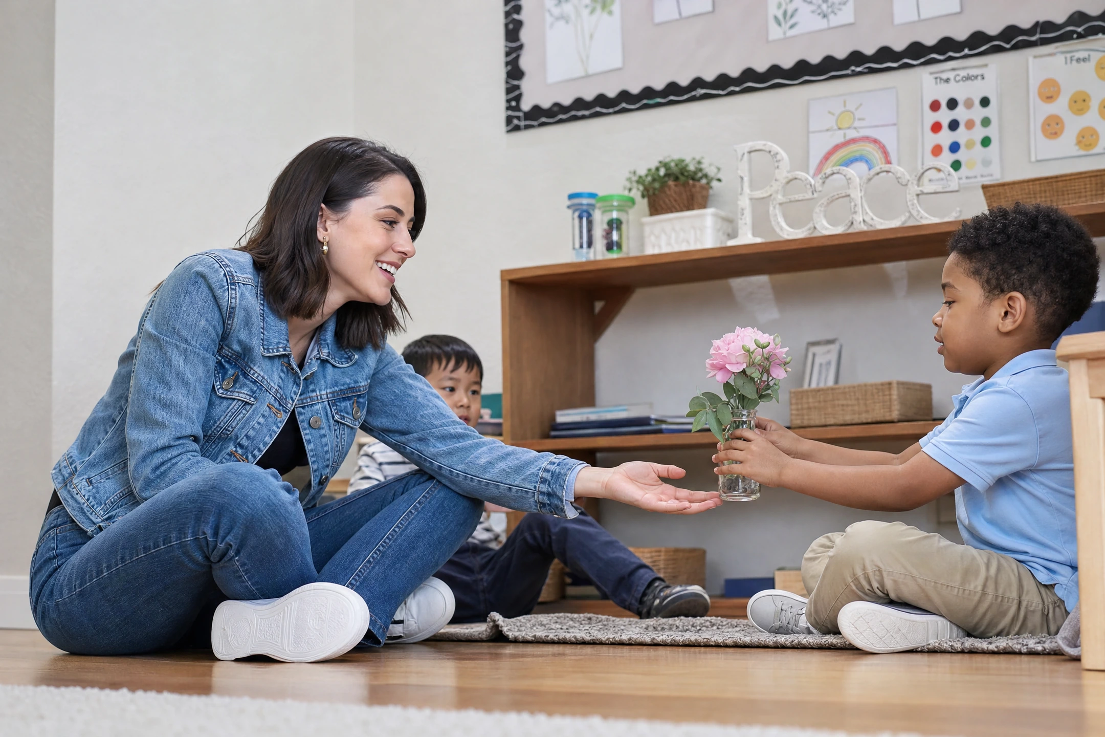A child handing a vase of flowers to a teacher sitting on the classroom floor