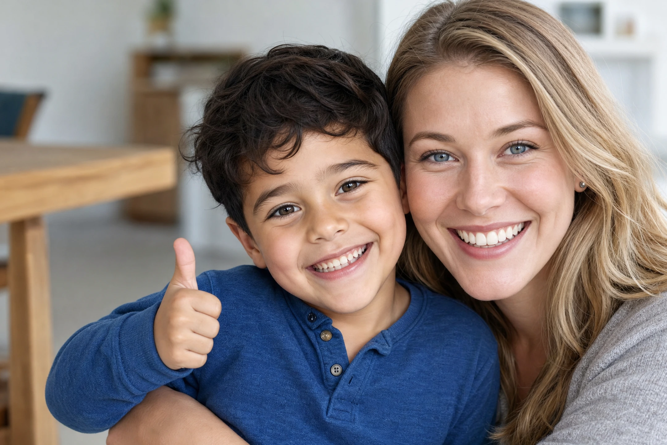A smiling child giving a thumbs up, cheek to cheek with a teacher